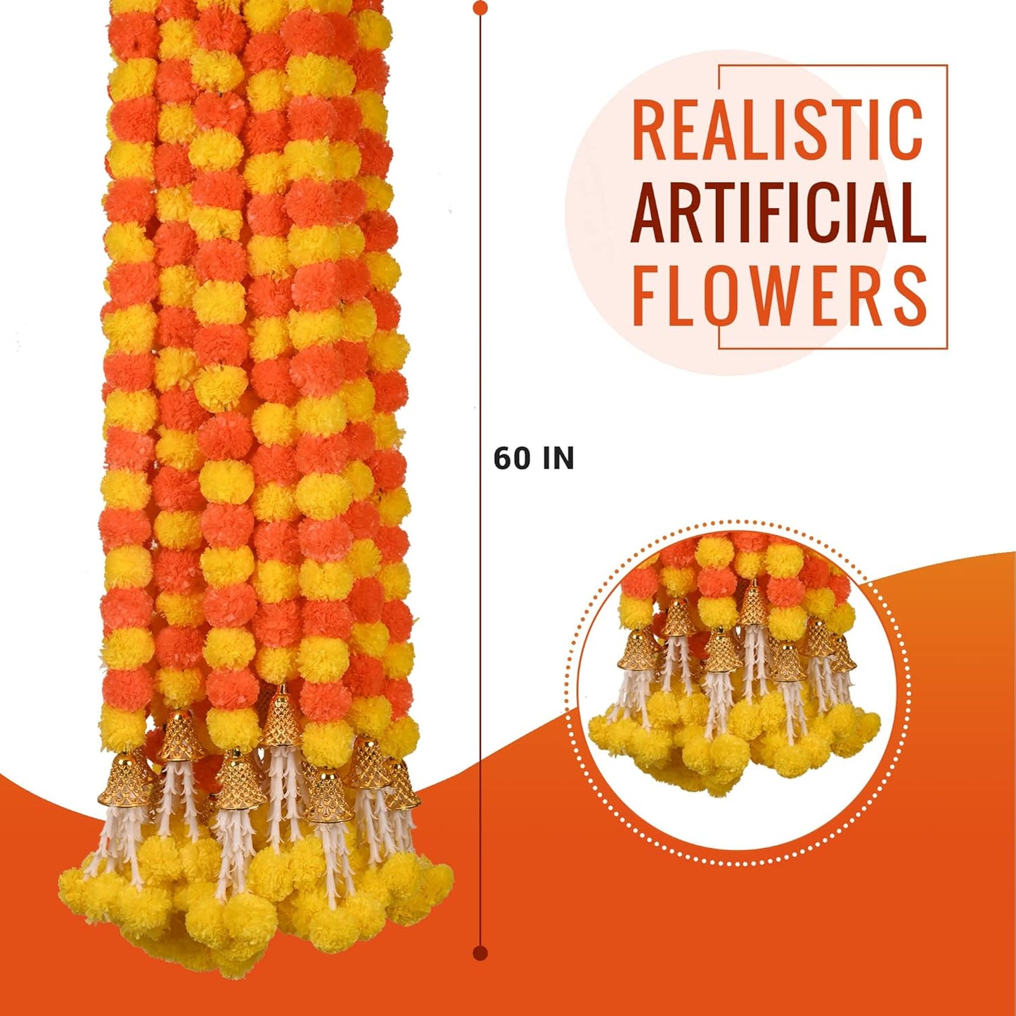 Marigold Garland for Decoration 5 Pcs of 5 feet Long Strands Artificial Marigold Flowers with Bell, Indian Décor for Pooja/Diwali/Wedding/Christmas (Yellow)