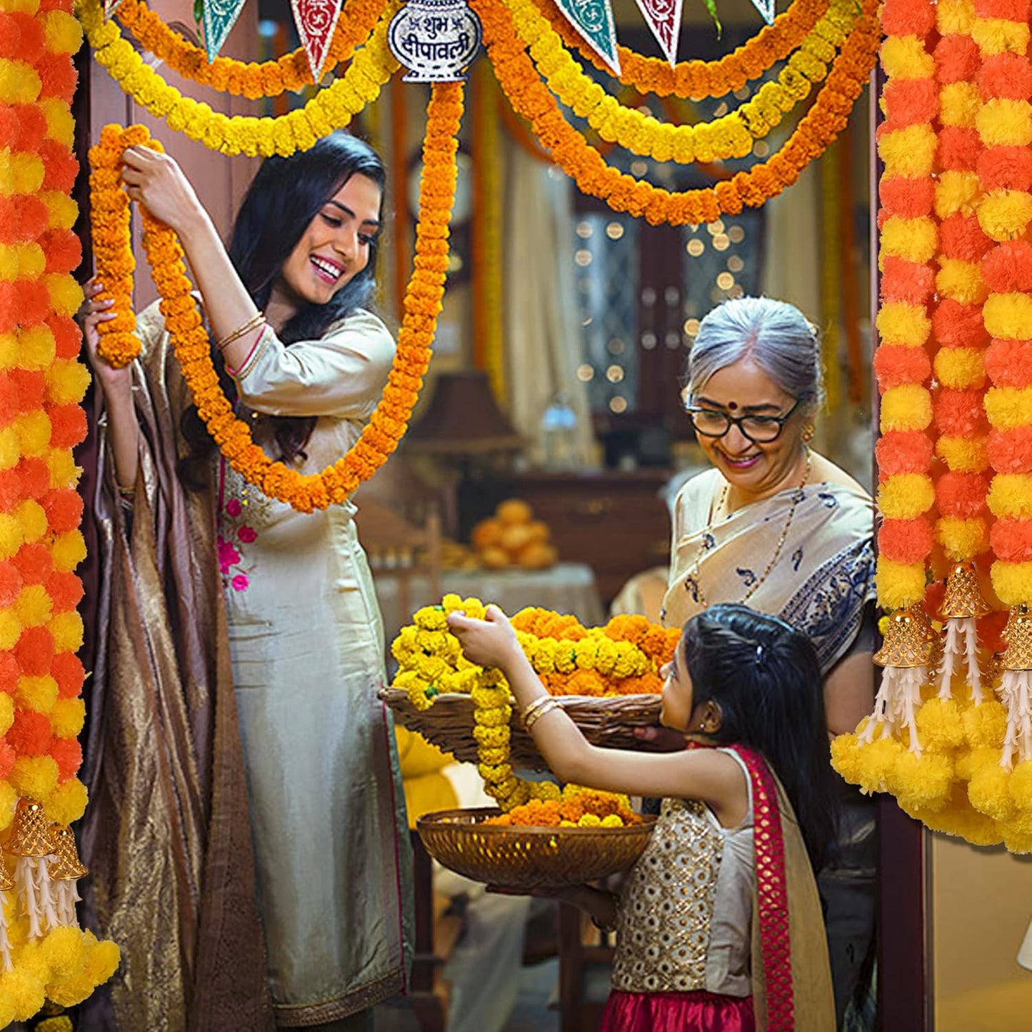 Marigold Garland for Decoration 5 Pcs of 5 feet Long Strands Artificial Marigold Flowers with Bell, Indian Décor for Pooja/Diwali/Wedding/Christmas (Yellow)