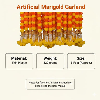 Marigold Garland for Decoration 5 Pcs of 5 feet Long Strands Artificial Marigold Flowers with Bell, Indian Décor for Pooja/Diwali/Wedding/Christmas (Yellow)