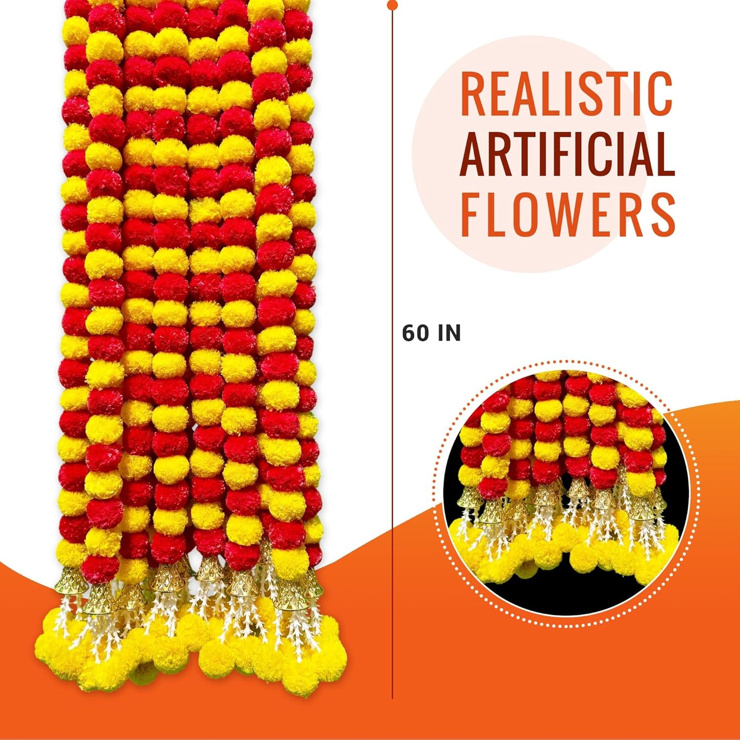 Marigold Garland for Decoration 5 Pcs of 5 feet Long Strands Artificial Marigold Flowers with Bell, Indian Décor for Pooja/Diwali/Wedding/Christmas (Yellow)
