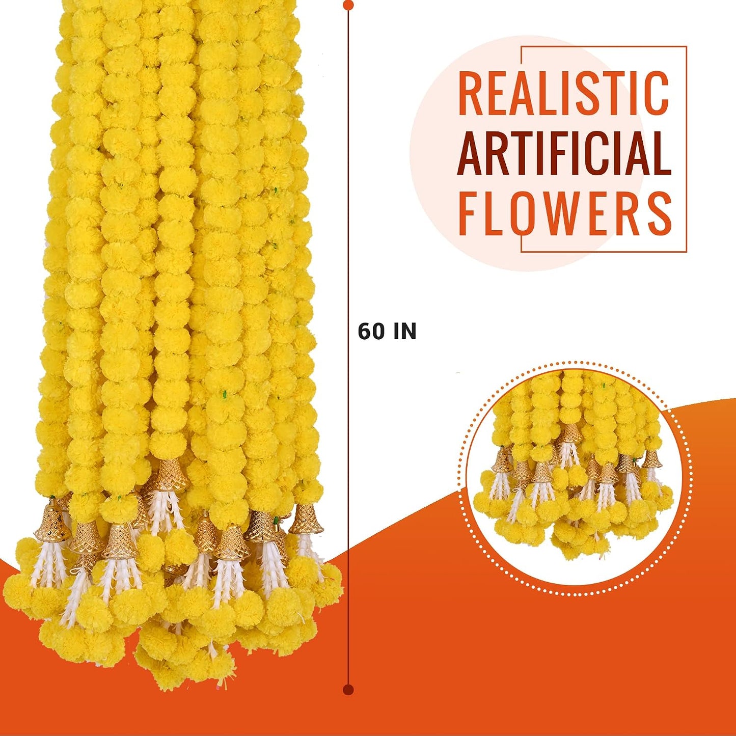 Marigold Garland for Decoration 5 Pcs of 5 feet Long Strands Artificial Marigold Flowers with Bell, Indian Décor for Pooja/Diwali/Wedding/Christmas (Yellow)