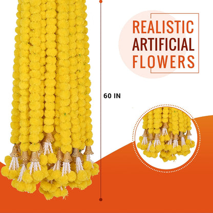Marigold Garland for Decoration 5 Pcs of 5 feet Long Strands Artificial Marigold Flowers with Bell, Indian Décor for Pooja/Diwali/Wedding/Christmas (Yellow)