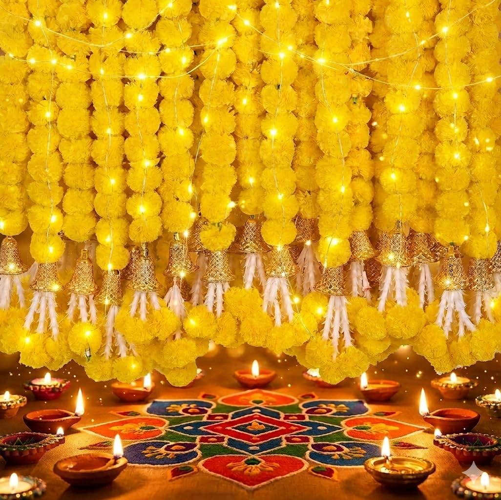 Marigold Garland for Decoration 5 Pcs of 5 feet Long Strands Artificial Marigold Flowers with Bell, Indian Décor for Pooja/Diwali/Wedding/Christmas (Yellow)
