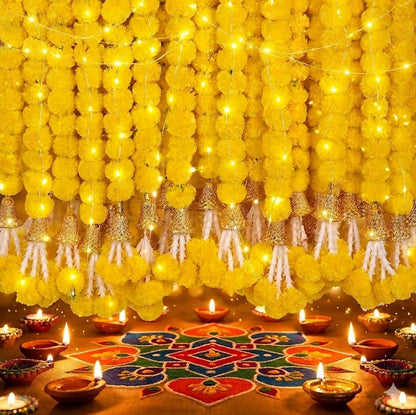 Marigold Garland for Decoration 5 Pcs of 5 feet Long Strands Artificial Marigold Flowers with Bell, Indian Décor for Pooja/Diwali/Wedding/Christmas (Yellow)