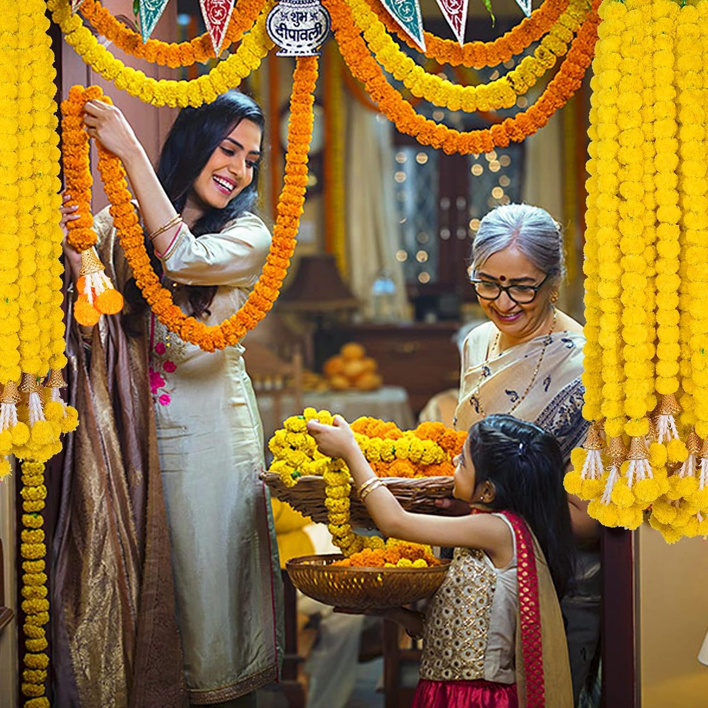 Marigold Garland for Decoration 5 Pcs of 5 feet Long Strands Artificial Marigold Flowers with Bell, Indian Décor for Pooja/Diwali/Wedding/Christmas (Yellow)