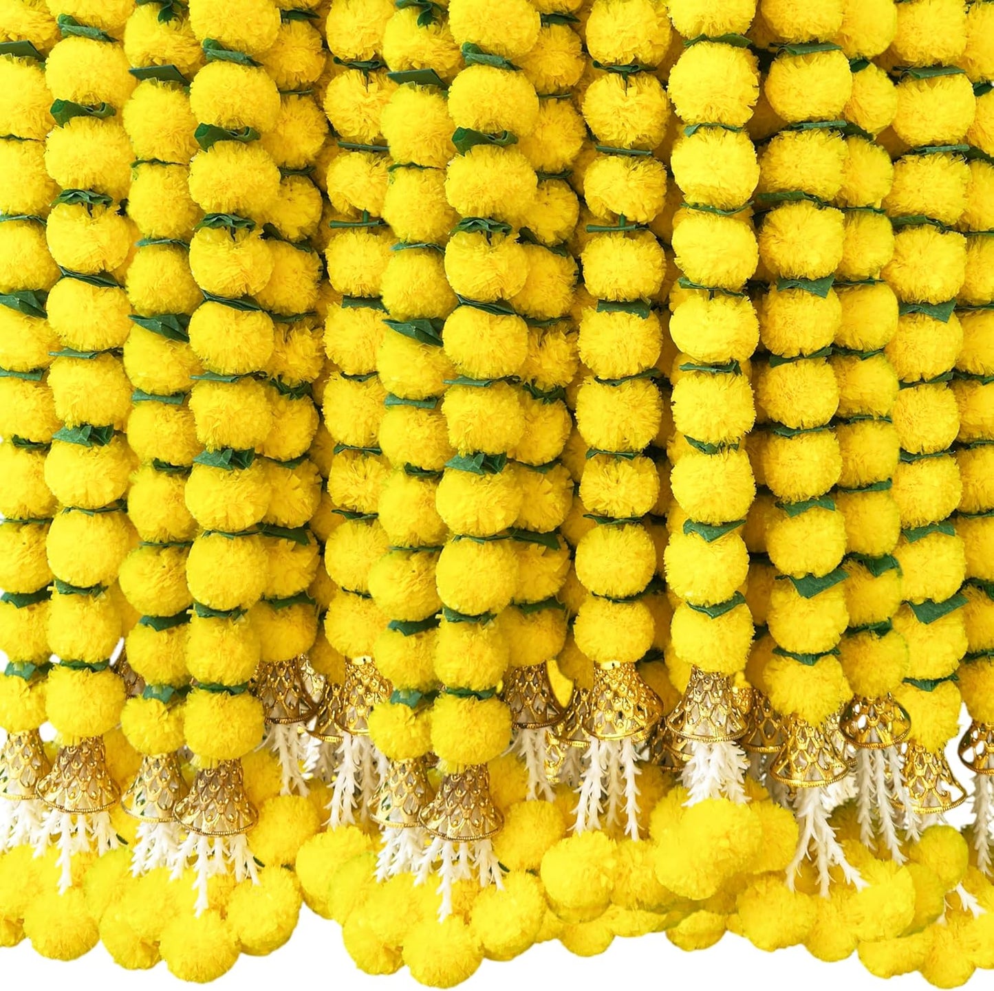 Marigold Garland for Decoration 5 Pcs of 5 feet Long Strands Artificial Marigold Flowers with Bell, Indian Décor for Pooja/Diwali/Wedding/Christmas (Yellow)