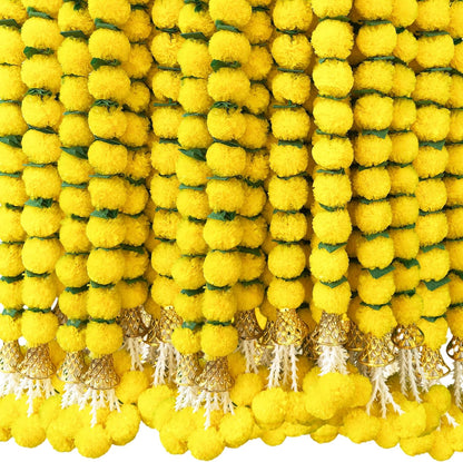 Marigold Garland for Decoration 5 Pcs of 5 feet Long Strands Artificial Marigold Flowers with Bell, Indian Décor for Pooja/Diwali/Wedding/Christmas (Yellow)