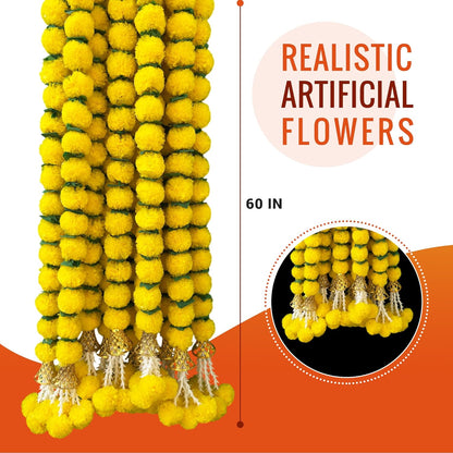 Marigold Garland for Decoration 5 Pcs of 5 feet Long Strands Artificial Marigold Flowers with Bell, Indian Décor for Pooja/Diwali/Wedding/Christmas (Yellow)
