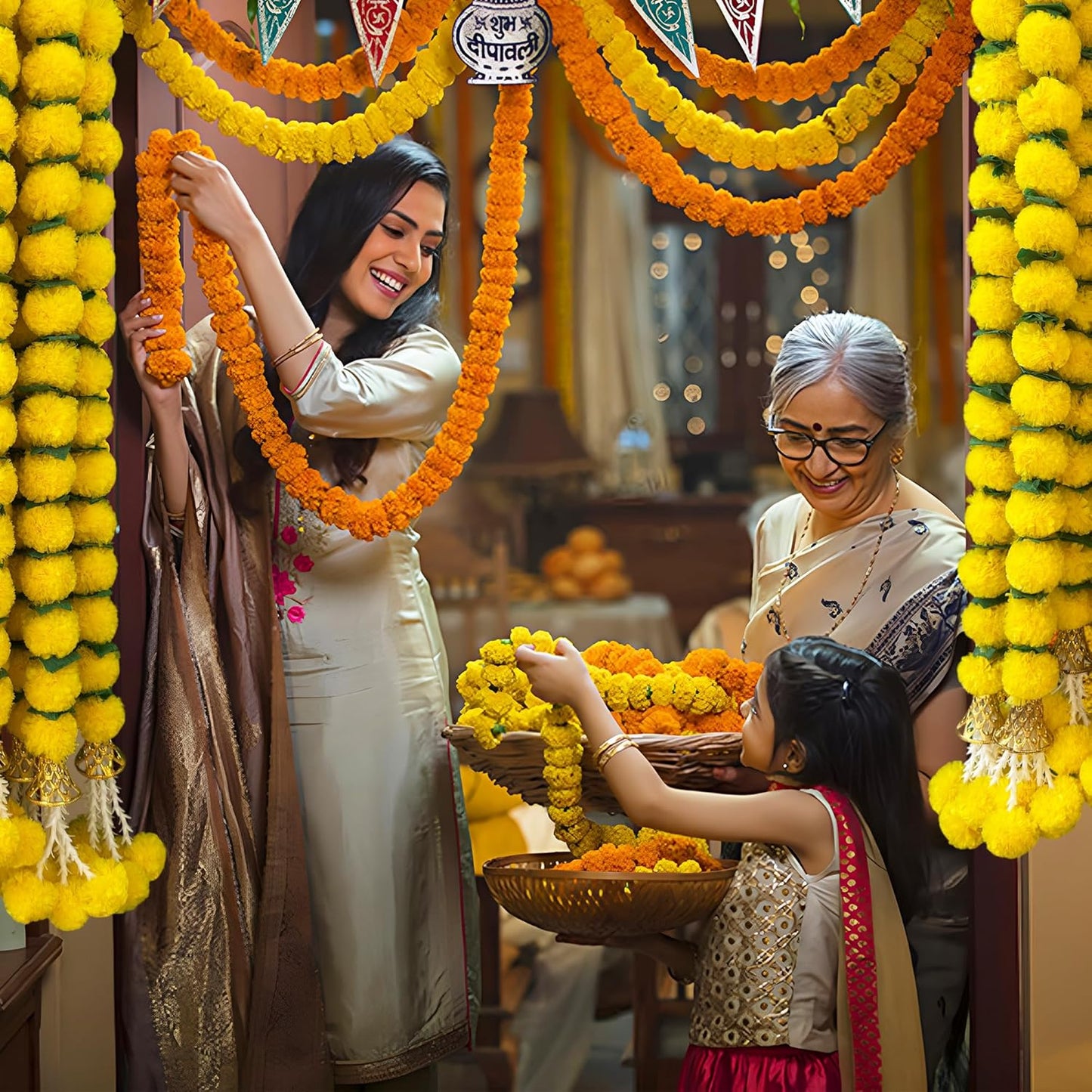 Marigold Garland for Decoration 5 Pcs of 5 feet Long Strands Artificial Marigold Flowers with Bell, Indian Décor for Pooja/Diwali/Wedding/Christmas (Yellow)