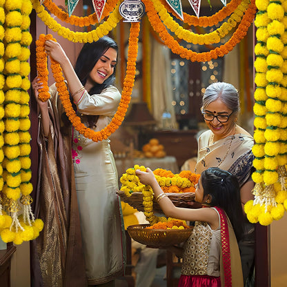 Marigold Garland for Decoration 5 Pcs of 5 feet Long Strands Artificial Marigold Flowers with Bell, Indian Décor for Pooja/Diwali/Wedding/Christmas (Yellow)