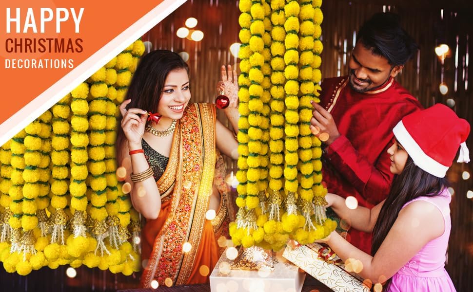 Marigold Garland for Decoration 5 Pcs of 5 feet Long Strands Artificial Marigold Flowers with Bell, Indian Décor for Pooja/Diwali/Wedding/Christmas (Yellow)