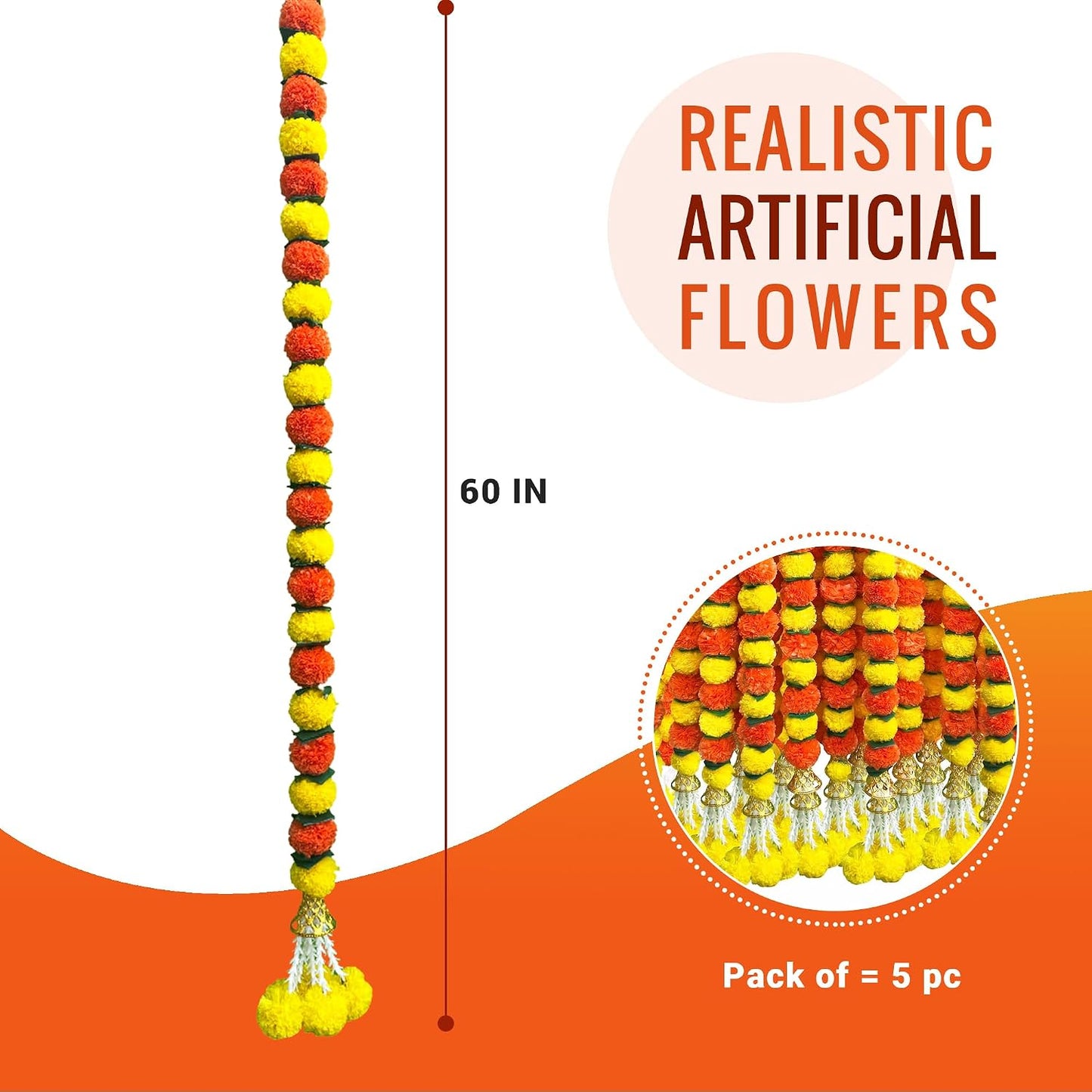 Marigold Garland for Decoration 5 Pcs of 5 feet Long Strands Artificial Marigold Flowers with Bell, Indian Décor for Pooja/Diwali/Wedding/Christmas (Yellow)