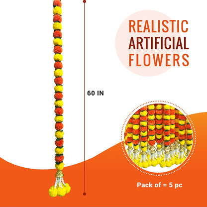 Marigold Garland for Decoration 5 Pcs of 5 feet Long Strands Artificial Marigold Flowers with Bell, Indian Décor for Pooja/Diwali/Wedding/Christmas (Yellow)