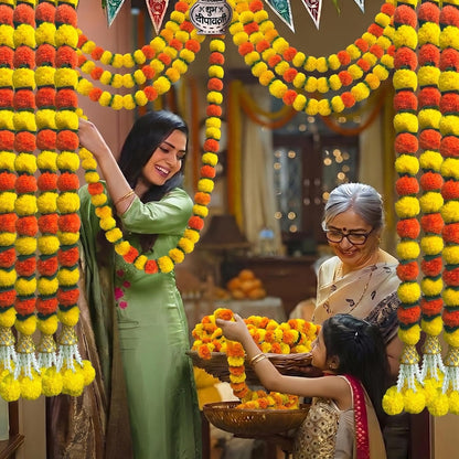 Marigold Garland for Decoration 5 Pcs of 5 feet Long Strands Artificial Marigold Flowers with Bell, Indian Décor for Pooja/Diwali/Wedding/Christmas (Yellow)