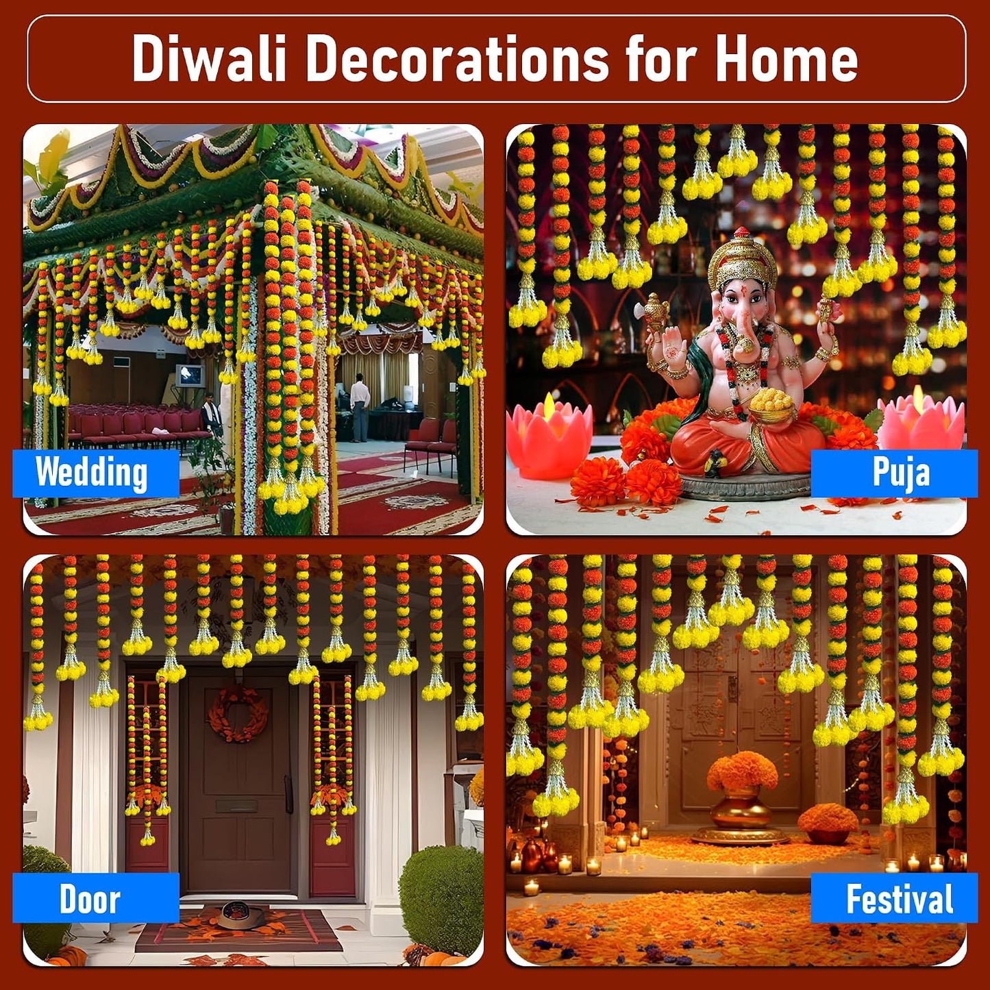 Marigold Garland for Decoration 5 Pcs of 5 feet Long Strands Artificial Marigold Flowers with Bell, Indian Décor for Pooja/Diwali/Wedding/Christmas (Yellow)