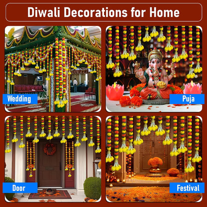 Marigold Garland for Decoration 5 Pcs of 5 feet Long Strands Artificial Marigold Flowers with Bell, Indian Décor for Pooja/Diwali/Wedding/Christmas (Yellow)
