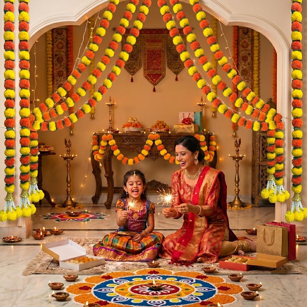 Marigold Garland for Decoration 5 Pcs of 5 feet Long Strands Artificial Marigold Flowers with Bell, Indian Décor for Pooja/Diwali/Wedding/Christmas (Yellow)