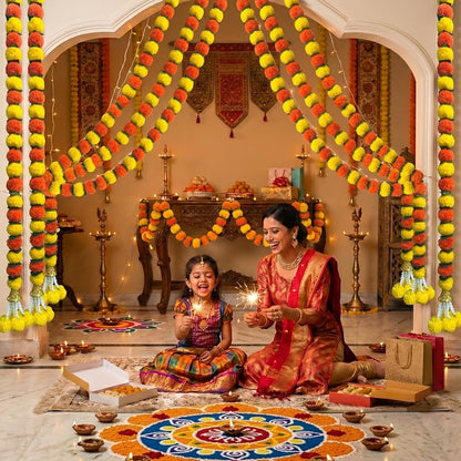 Marigold Garland for Decoration 5 Pcs of 5 feet Long Strands Artificial Marigold Flowers with Bell, Indian Décor for Pooja/Diwali/Wedding/Christmas (Yellow)