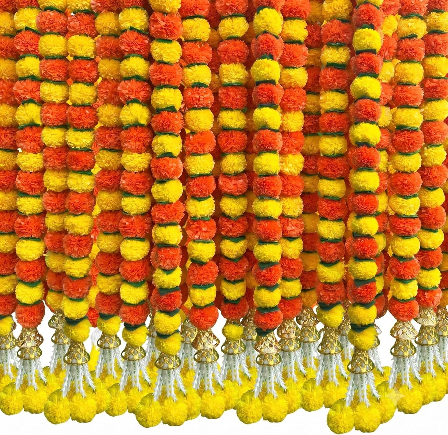 Marigold Garland for Decoration 5 Pcs of 5 feet Long Strands Artificial Marigold Flowers with Bell, Indian Décor for Pooja/Diwali/Wedding/Christmas (Yellow)