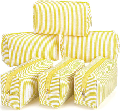 6 Pcs Seersucker Cosmetic Bags Bulk Seersucker Makeup Bags Stripe Women Pouch Large Preppy Storage Pouch Toiletry Travel for Wedding Bridesmaid Bride Favor Back to Teacher Gift (Yellow)