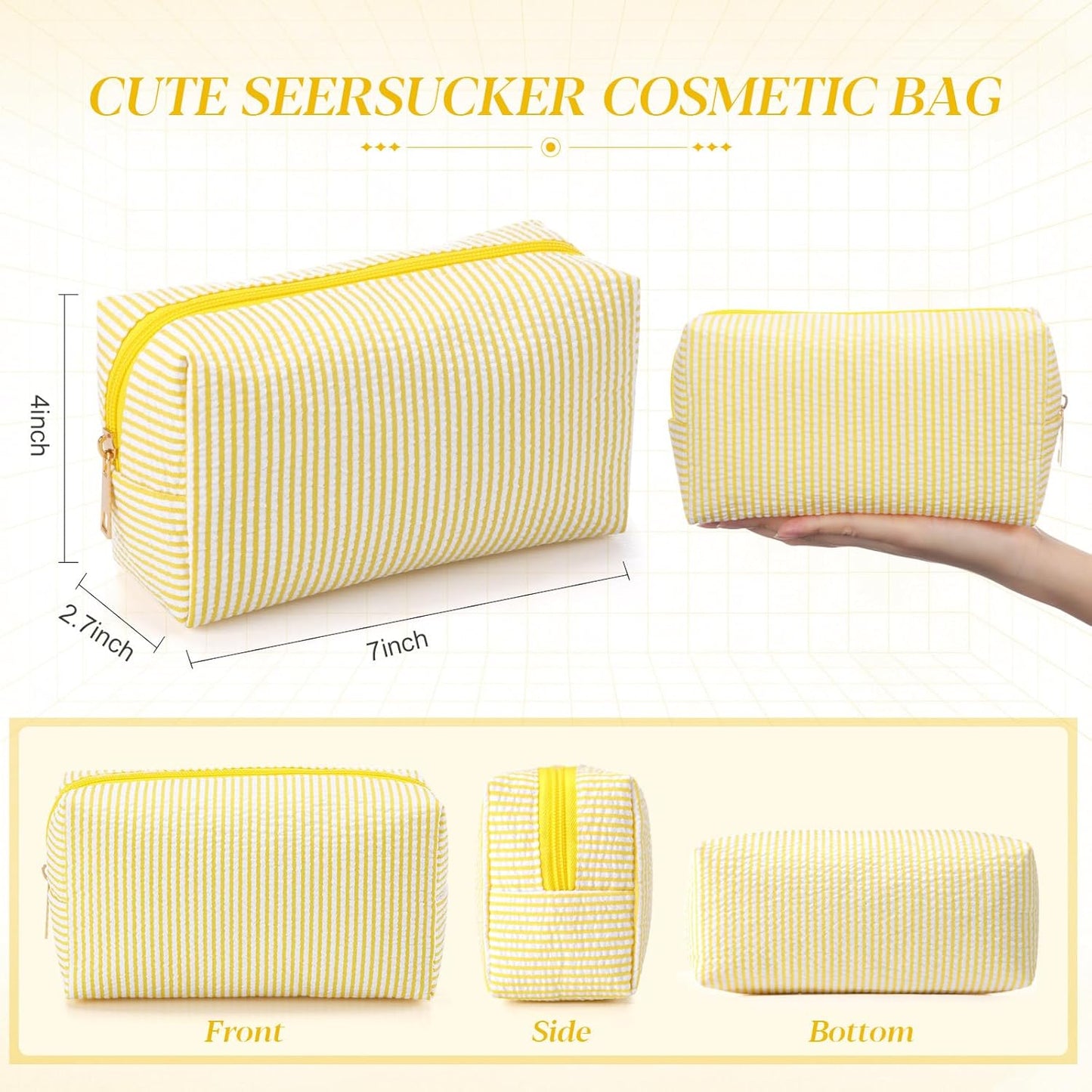 6 Pcs Seersucker Cosmetic Bags Bulk Seersucker Makeup Bags Stripe Women Pouch Large Preppy Storage Pouch Toiletry Travel for Wedding Bridesmaid Bride Favor Back to Teacher Gift (Yellow)
