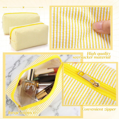 6 Pcs Seersucker Cosmetic Bags Bulk Seersucker Makeup Bags Stripe Women Pouch Large Preppy Storage Pouch Toiletry Travel for Wedding Bridesmaid Bride Favor Back to Teacher Gift (Yellow)