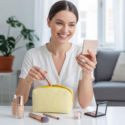 6 Pcs Seersucker Cosmetic Bags Bulk Seersucker Makeup Bags Stripe Women Pouch Large Preppy Storage Pouch Toiletry Travel for Wedding Bridesmaid Bride Favor Back to Teacher Gift (Yellow)