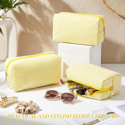 6 Pcs Seersucker Cosmetic Bags Bulk Seersucker Makeup Bags Stripe Women Pouch Large Preppy Storage Pouch Toiletry Travel for Wedding Bridesmaid Bride Favor Back to Teacher Gift (Yellow)