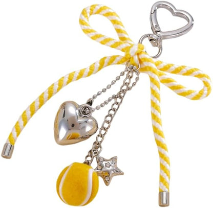 Cute Bow Tennis Ball Keychain, Heart Star Charm Keyring with Striped Ribbon for Women Purse Backpack Accessory
