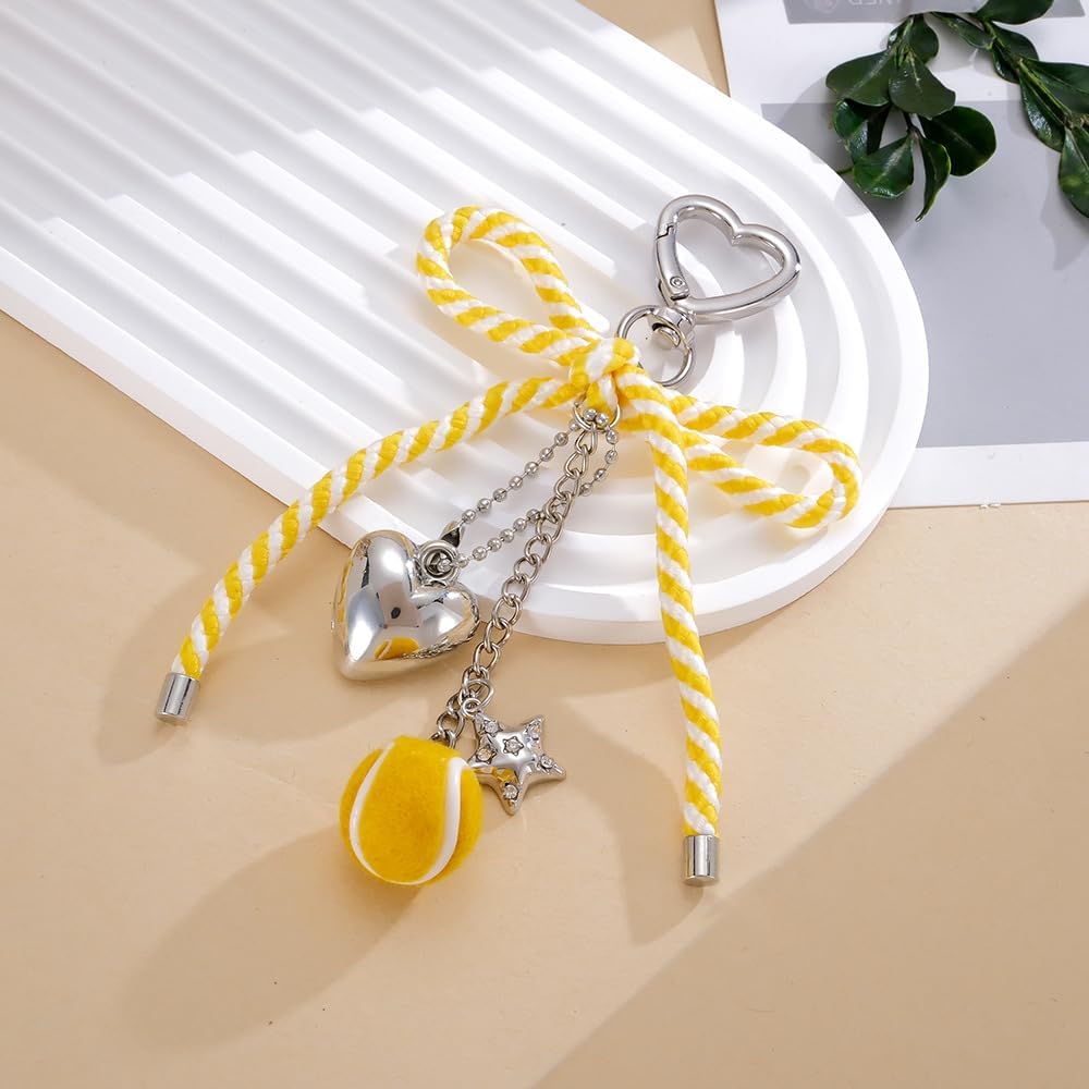 Cute Bow Tennis Ball Keychain, Heart Star Charm Keyring with Striped Ribbon for Women Purse Backpack Accessory