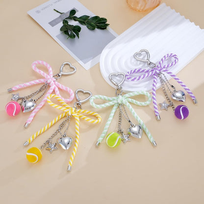 Cute Bow Tennis Ball Keychain, Heart Star Charm Keyring with Striped Ribbon for Women Purse Backpack Accessory