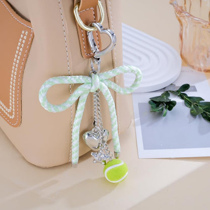 Cute Bow Tennis Ball Keychain, Heart Star Charm Keyring with Striped Ribbon for Women Purse Backpack Accessory