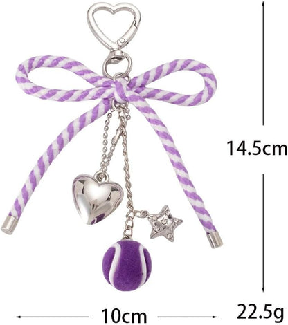Cute Bow Tennis Ball Keychain, Heart Star Charm Keyring with Striped Ribbon for Women Purse Backpack Accessory