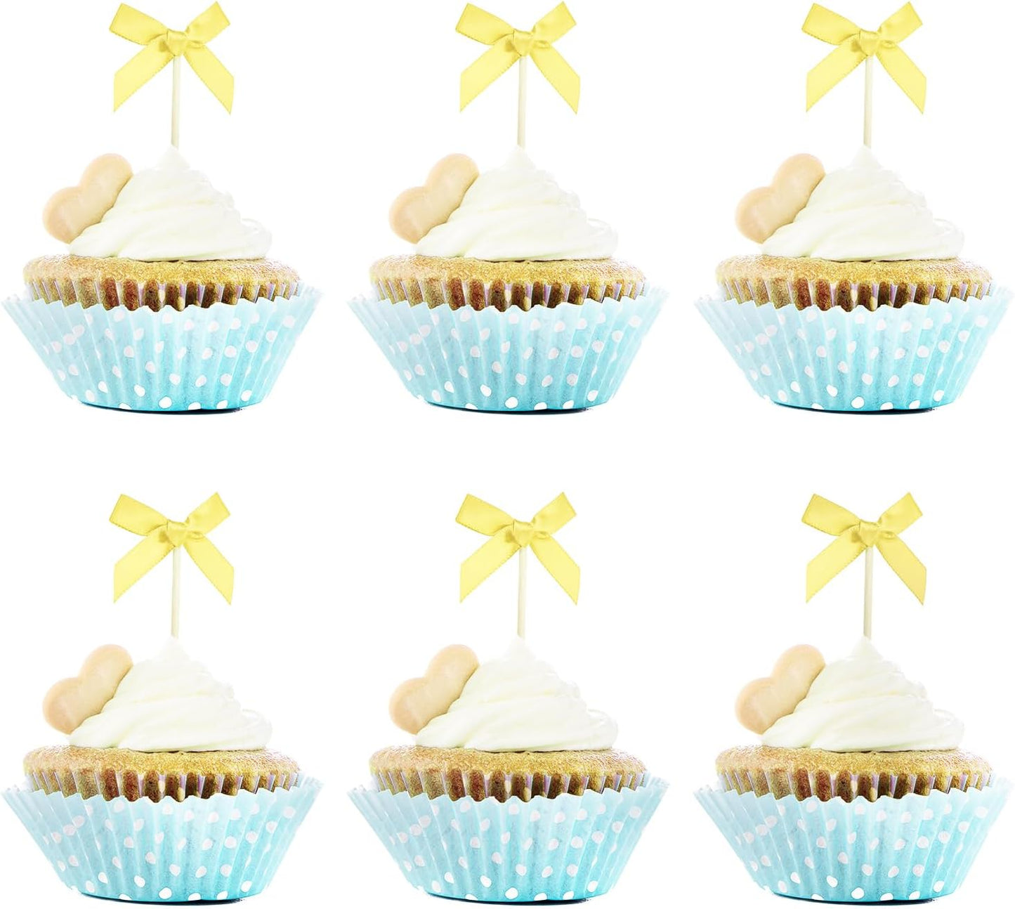 Bow Cupcake Toppers 20Pcs Satin Bow Cake Toppers Picks Decor Coquette Themed Birthday Bridal Shower Party Decoration (Yellow)
