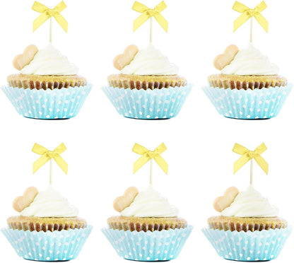 Bow Cupcake Toppers 20Pcs Satin Bow Cake Toppers Picks Decor Coquette Themed Birthday Bridal Shower Party Decoration (Yellow)
