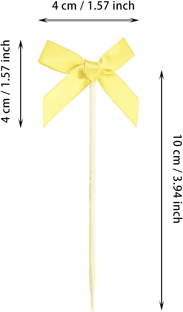 Bow Cupcake Toppers 20Pcs Satin Bow Cake Toppers Picks Decor Coquette Themed Birthday Bridal Shower Party Decoration (Yellow)