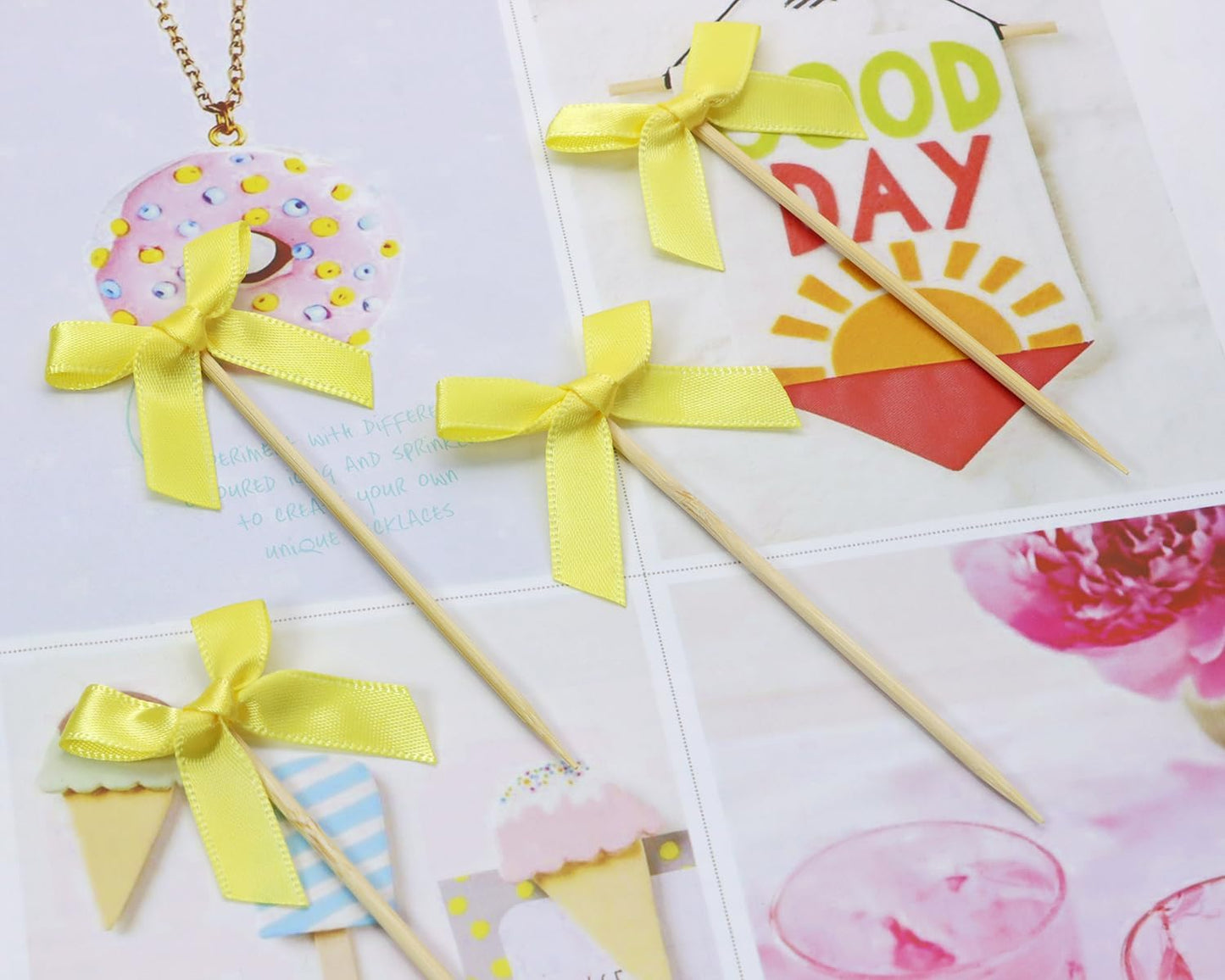Bow Cupcake Toppers 20Pcs Satin Bow Cake Toppers Picks Decor Coquette Themed Birthday Bridal Shower Party Decoration (Yellow)