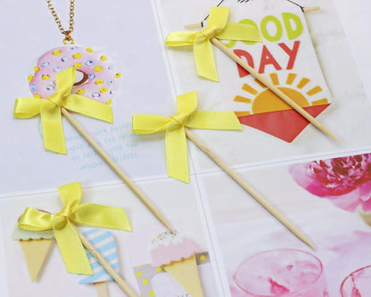 Bow Cupcake Toppers 20Pcs Satin Bow Cake Toppers Picks Decor Coquette Themed Birthday Bridal Shower Party Decoration (Yellow)