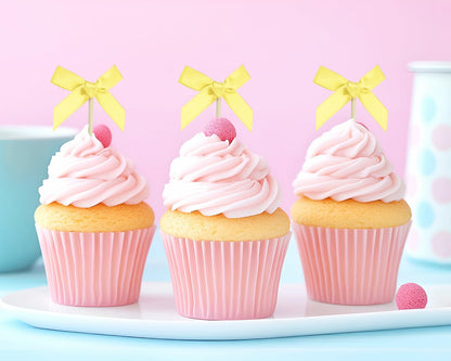 Bow Cupcake Toppers 20Pcs Satin Bow Cake Toppers Picks Decor Coquette Themed Birthday Bridal Shower Party Decoration (Yellow)