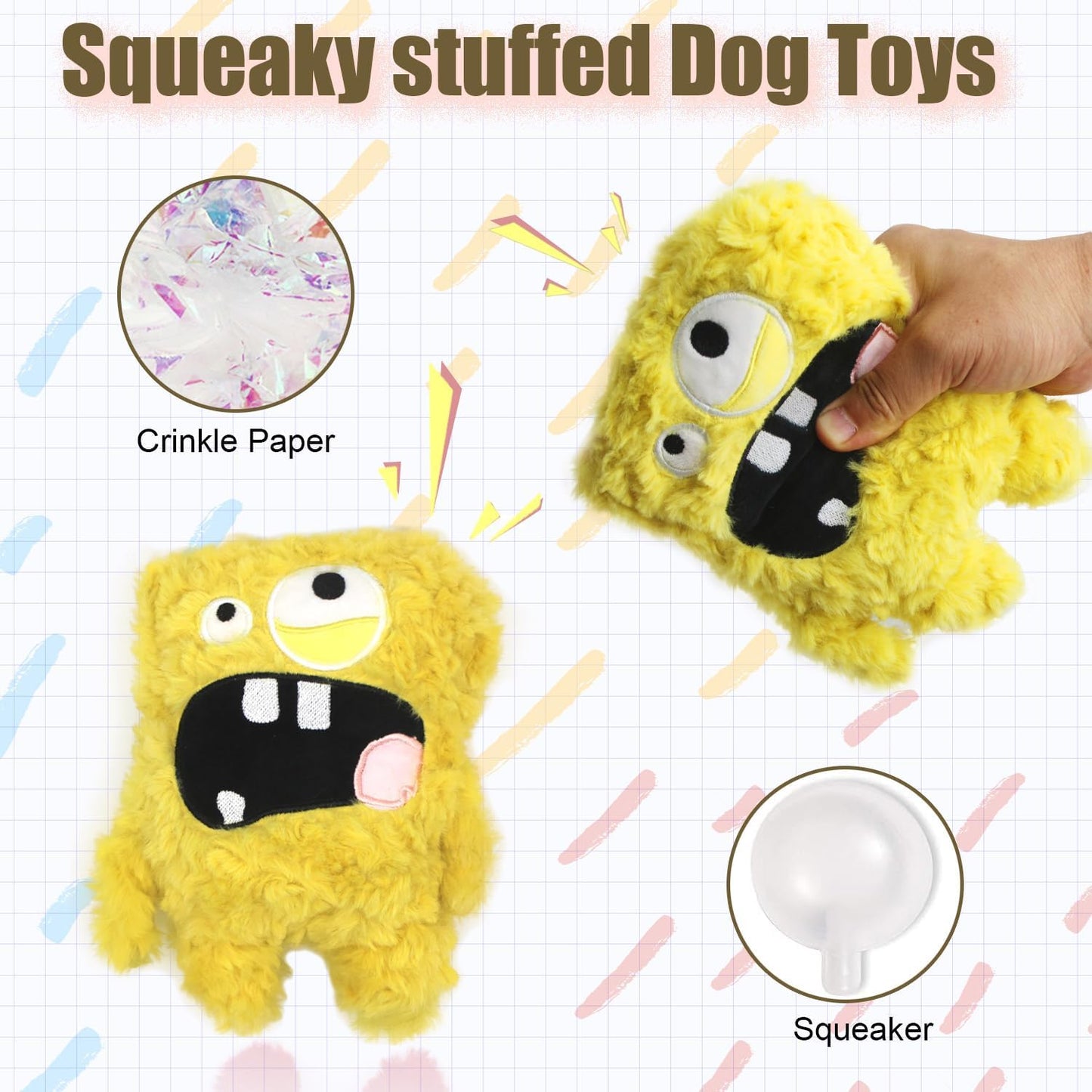 Monster Stuffed Squeaky Dog Toy, Crinkle Dog Plush Toy, Yellow | Soft Lightweight Toy for Fetch and Chew, Interactive Outdoor Indoor Play for Tug, Birthday Gift, For Puppy Small Medium Dog
