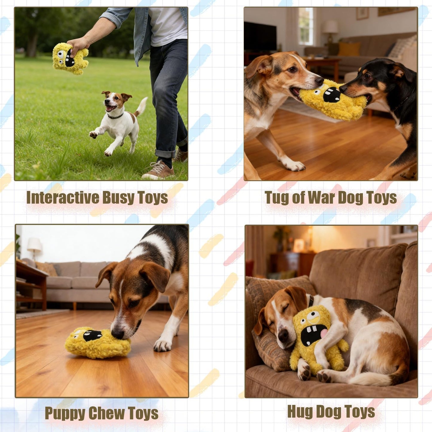 Monster Stuffed Squeaky Dog Toy, Crinkle Dog Plush Toy, Yellow | Soft Lightweight Toy for Fetch and Chew, Interactive Outdoor Indoor Play for Tug, Birthday Gift, For Puppy Small Medium Dog