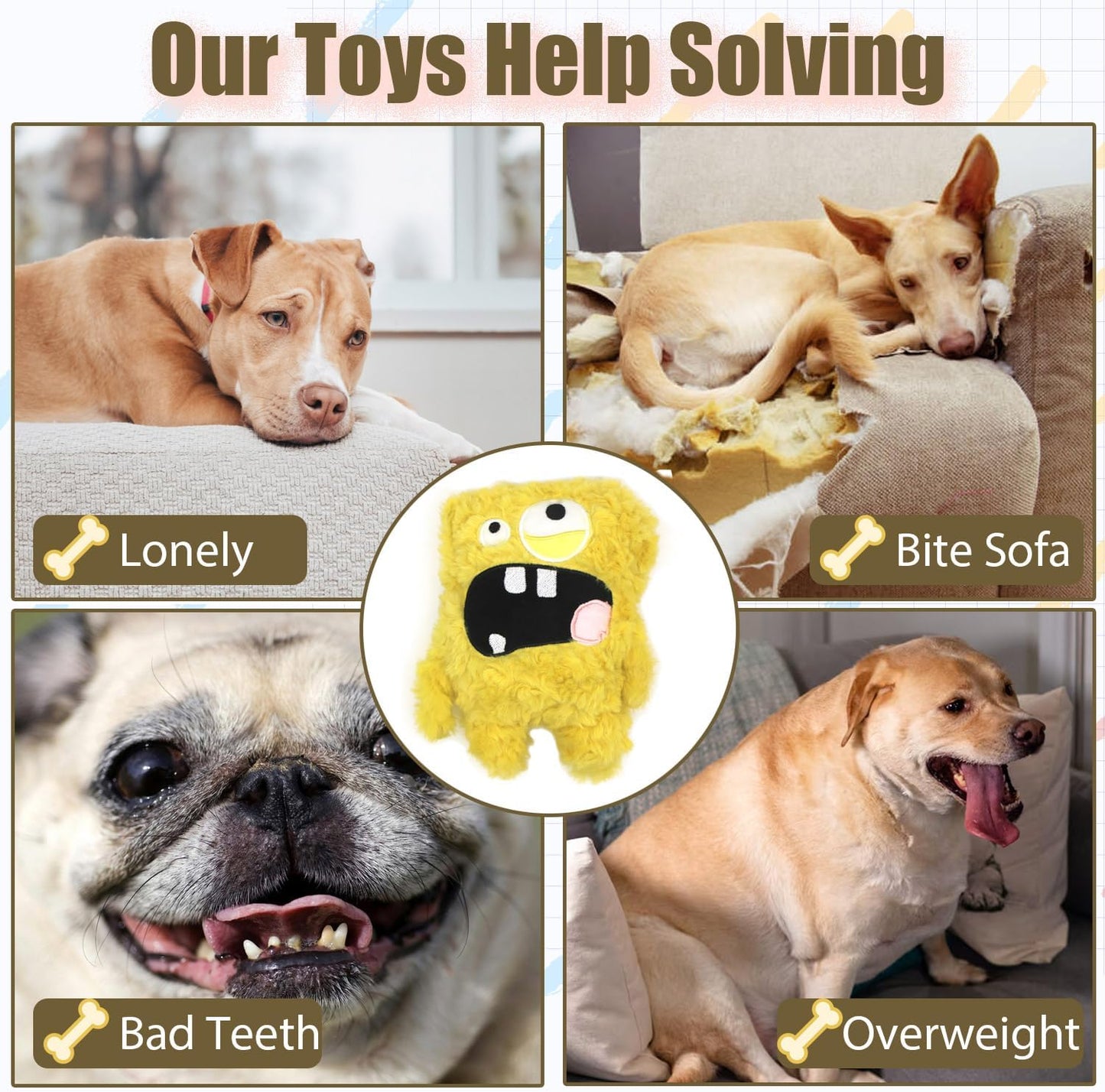 Monster Stuffed Squeaky Dog Toy, Crinkle Dog Plush Toy, Yellow | Soft Lightweight Toy for Fetch and Chew, Interactive Outdoor Indoor Play for Tug, Birthday Gift, For Puppy Small Medium Dog