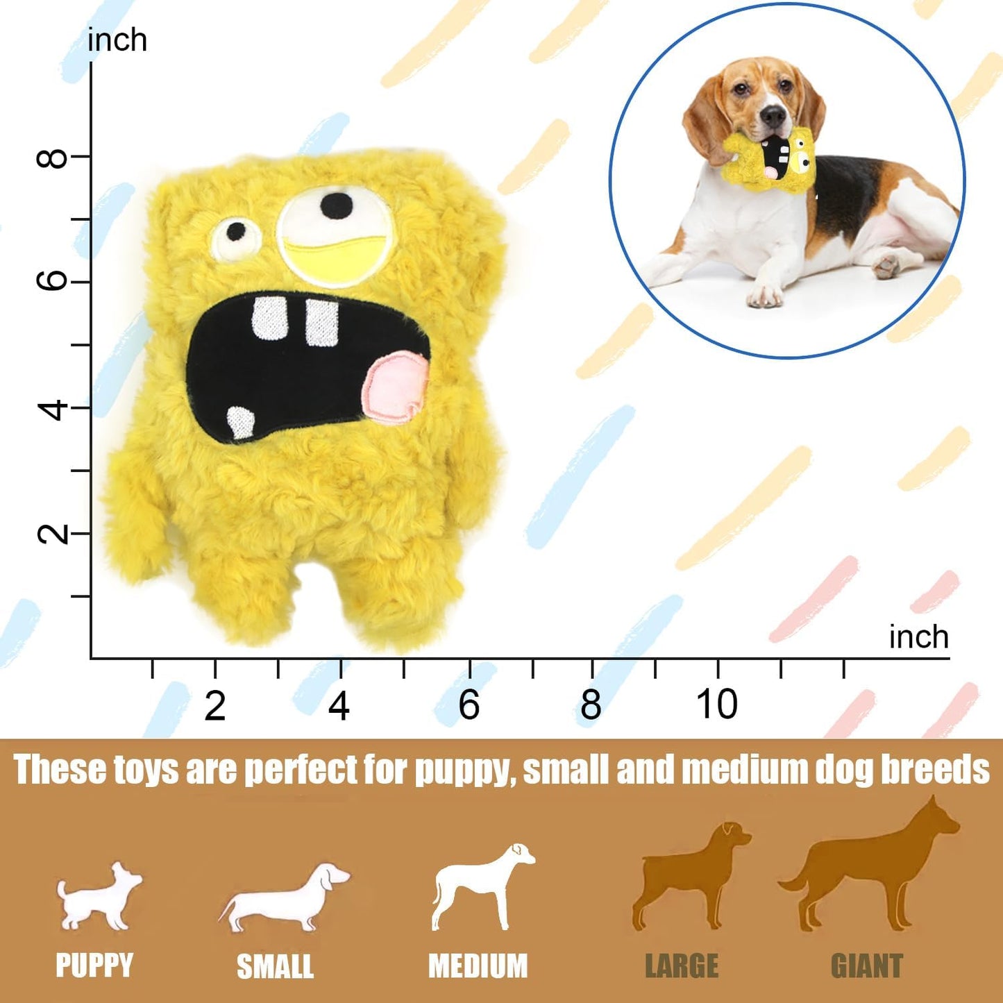 Monster Stuffed Squeaky Dog Toy, Crinkle Dog Plush Toy, Yellow | Soft Lightweight Toy for Fetch and Chew, Interactive Outdoor Indoor Play for Tug, Birthday Gift, For Puppy Small Medium Dog