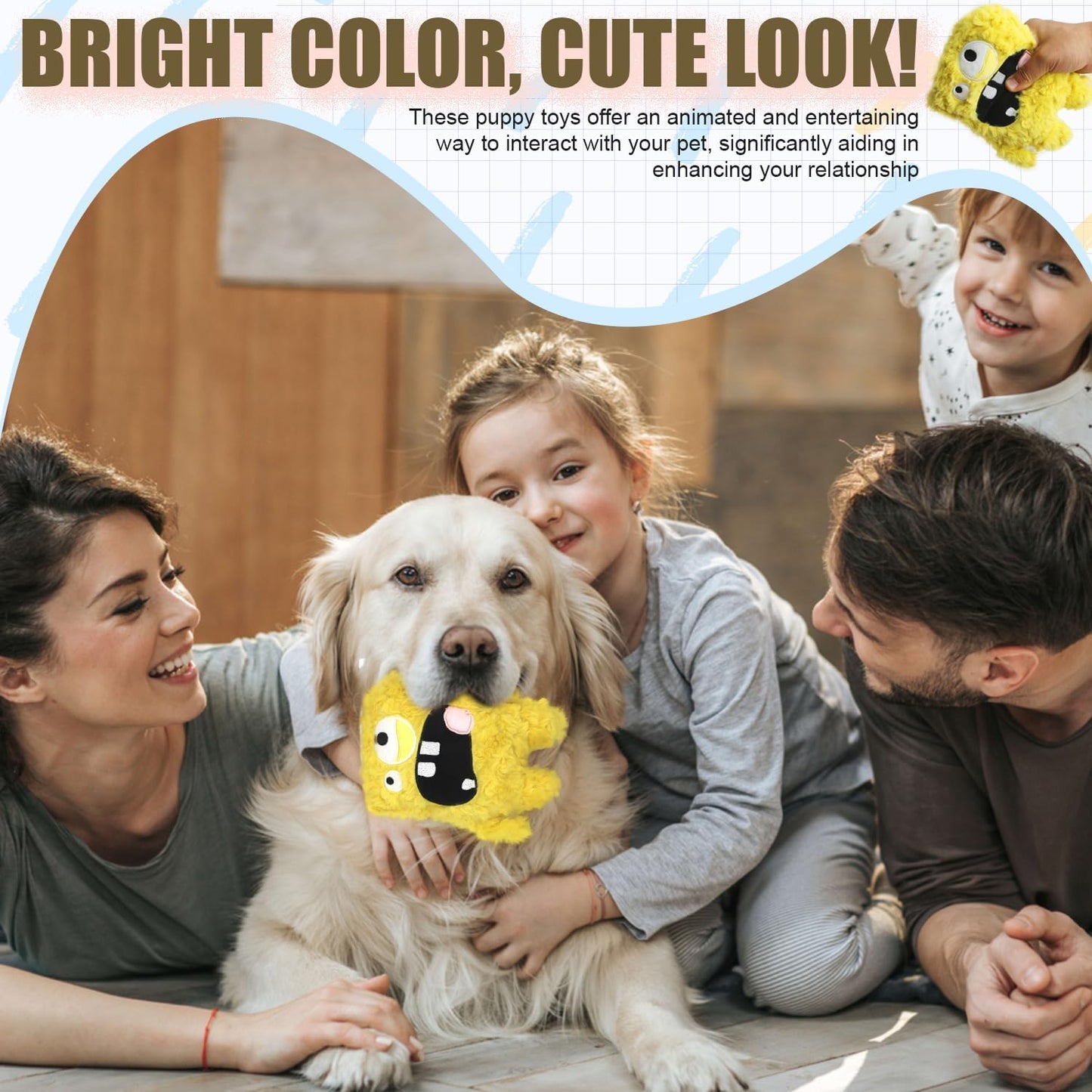 Monster Stuffed Squeaky Dog Toy, Crinkle Dog Plush Toy, Yellow | Soft Lightweight Toy for Fetch and Chew, Interactive Outdoor Indoor Play for Tug, Birthday Gift, For Puppy Small Medium Dog