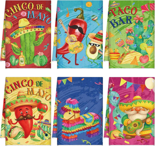 Set of 6 Mexican Kitchen Towels Fiesta Taco Cactus Chili Dish Towel Cinco De Mayo Bathroom Decorative Rustic Cloths Tea Towels for Kitchen Bathroom Home Housewarming Gifts, 14 x 21 Inch
