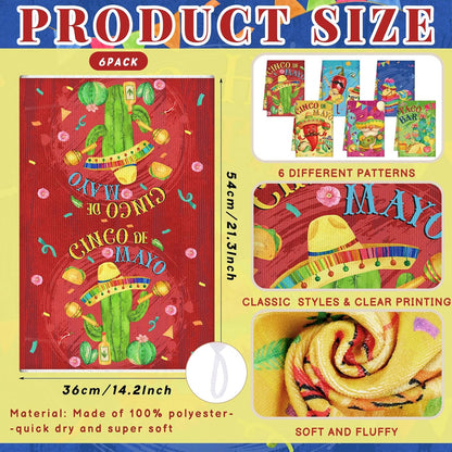Set of 6 Mexican Kitchen Towels Fiesta Taco Cactus Chili Dish Towel Cinco De Mayo Bathroom Decorative Rustic Cloths Tea Towels for Kitchen Bathroom Home Housewarming Gifts, 14 x 21 Inch