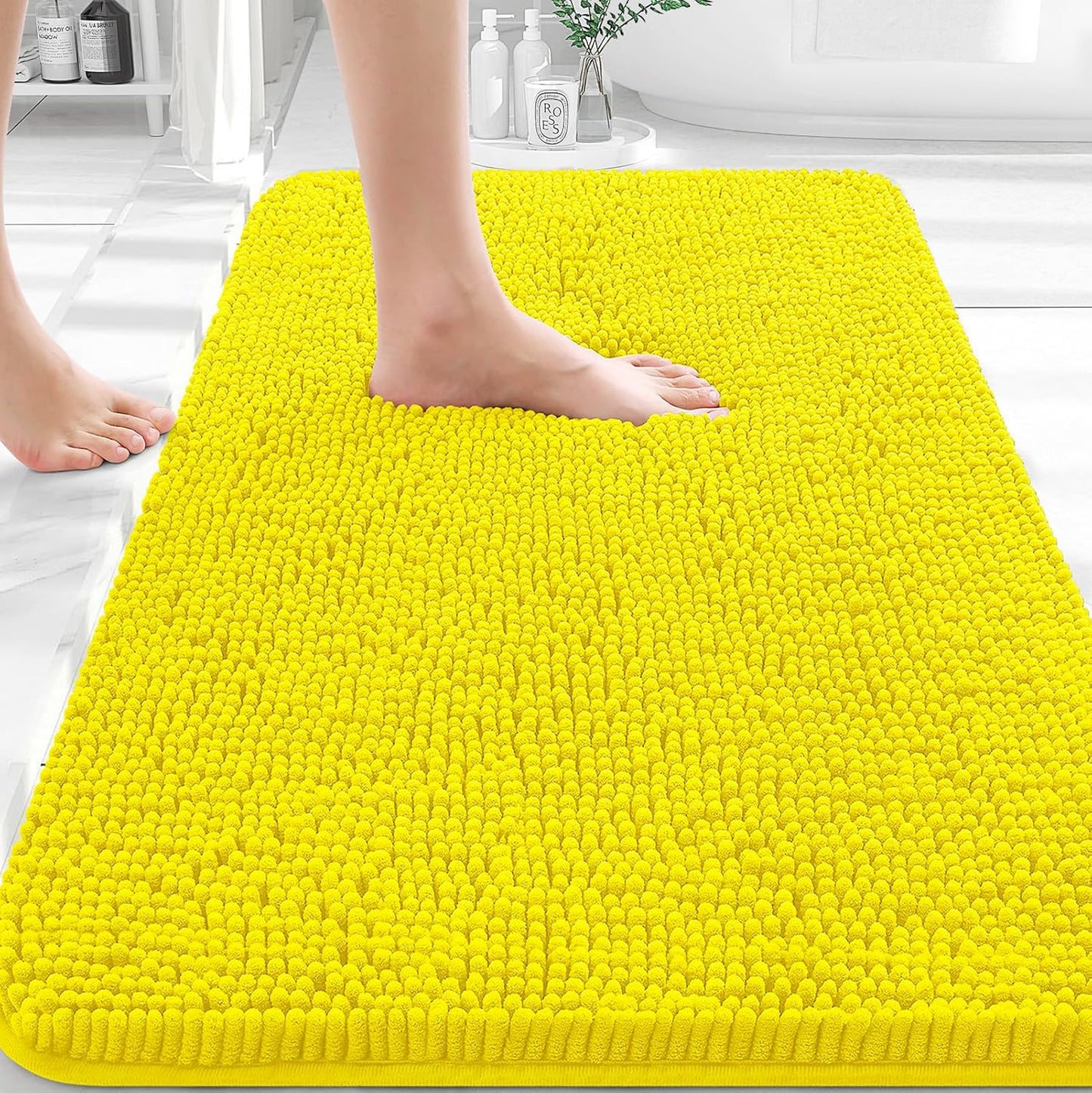 Bathroom Rugs 30x20, Extra Soft Absorbent Chenille Bath Rugs, Rubber Backing Quick Dry, Machine Washable Bath Mats for Bathroom Floor, Tub and Shower, Home Decor Accessories, Lemon Yellow