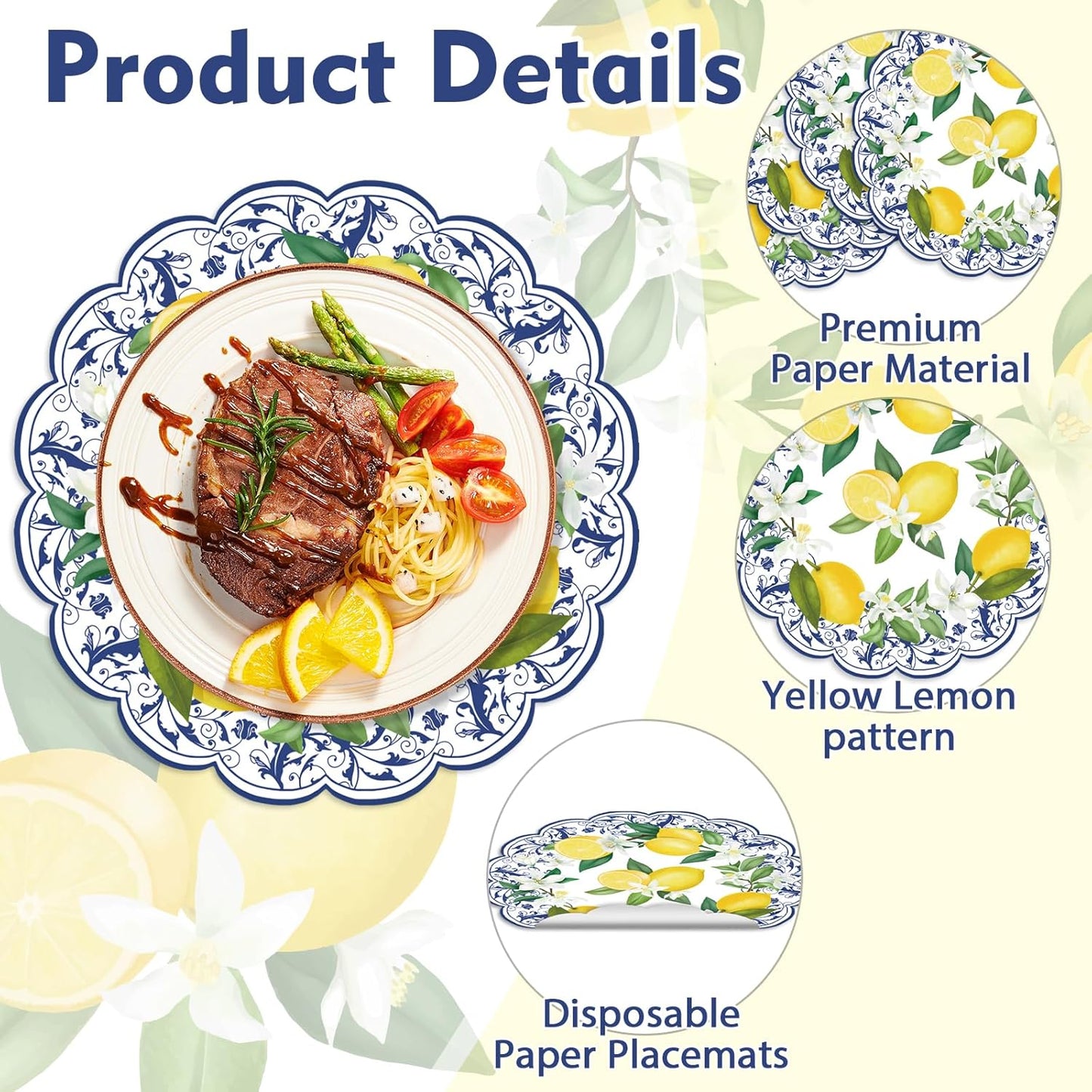 50Pcs Lemon Round Paper Placemats,13.4 Inch Cyan Blue Tiles Lemon Paper Place Mats Summer Fruit Scalloped Disposable Table Mats for Party Kitchen Dining Holiday Birthday Party Supplies