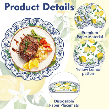50Pcs Lemon Round Paper Placemats,13.4 Inch Cyan Blue Tiles Lemon Paper Place Mats Summer Fruit Scalloped Disposable Table Mats for Party Kitchen Dining Holiday Birthday Party Supplies