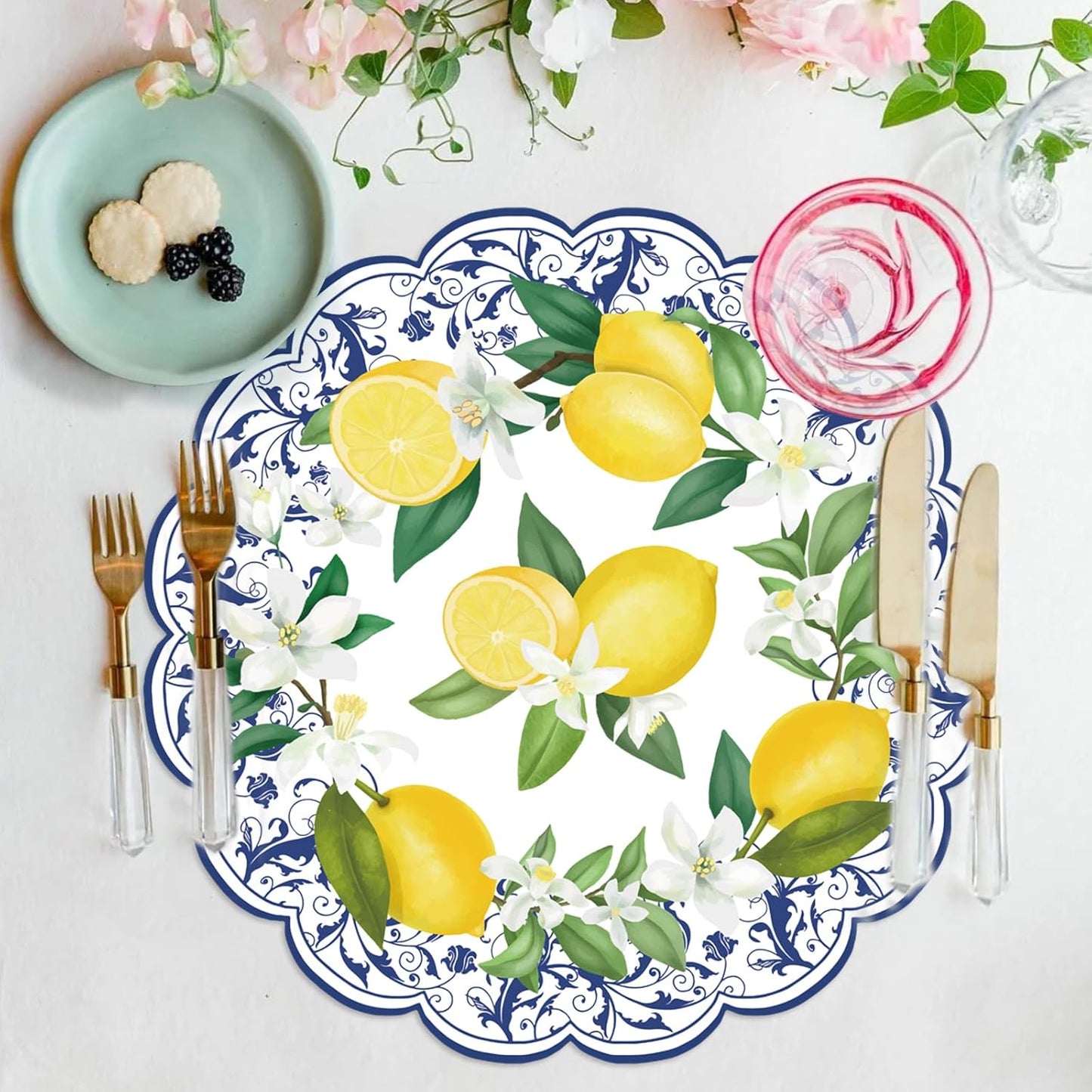 50Pcs Lemon Round Paper Placemats,13.4 Inch Cyan Blue Tiles Lemon Paper Place Mats Summer Fruit Scalloped Disposable Table Mats for Party Kitchen Dining Holiday Birthday Party Supplies